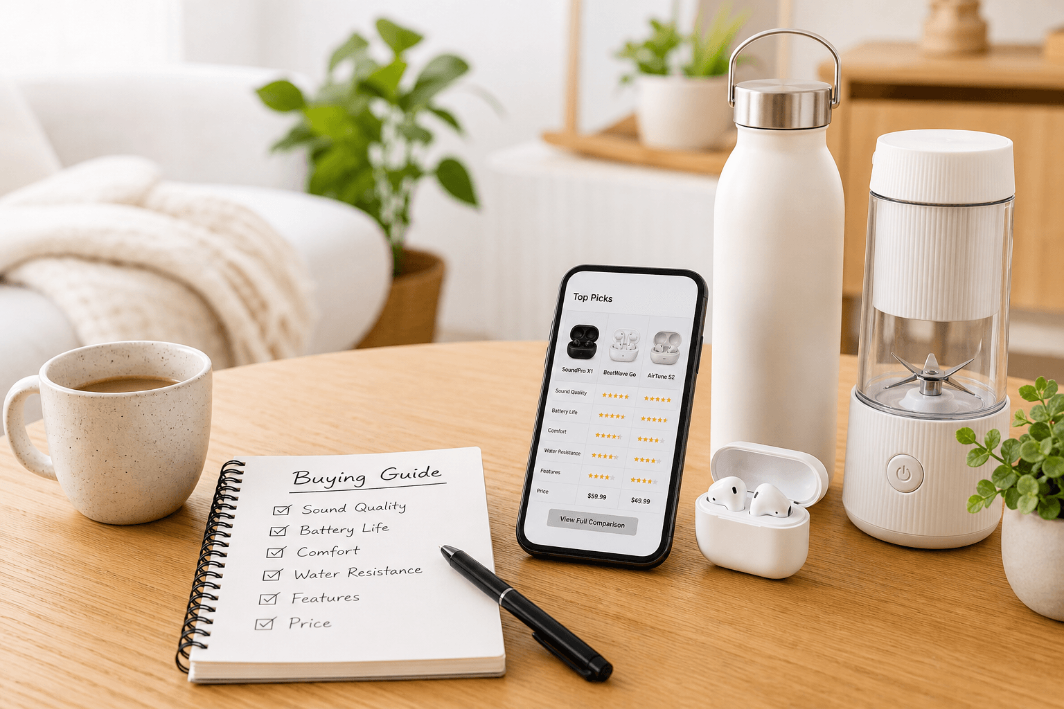 Everyday products on a table next to a buying guide checklist and phone